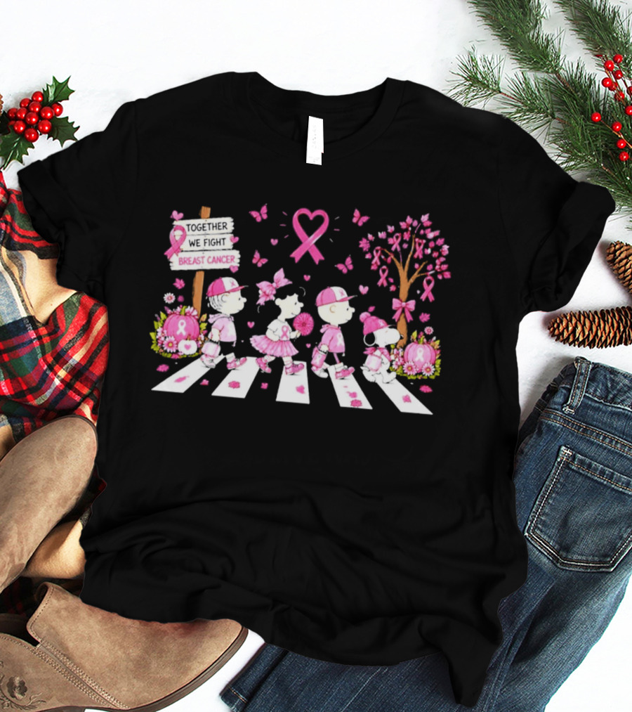 Together We Fight Breast Cancer Peanuts Characters Abbey Road Pink Ribbon Butterflies T-Shirt
