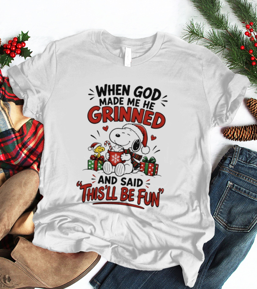 When God Made Me He Grinned Snoopy Christmas Festive Fun 2026 T-Shirt