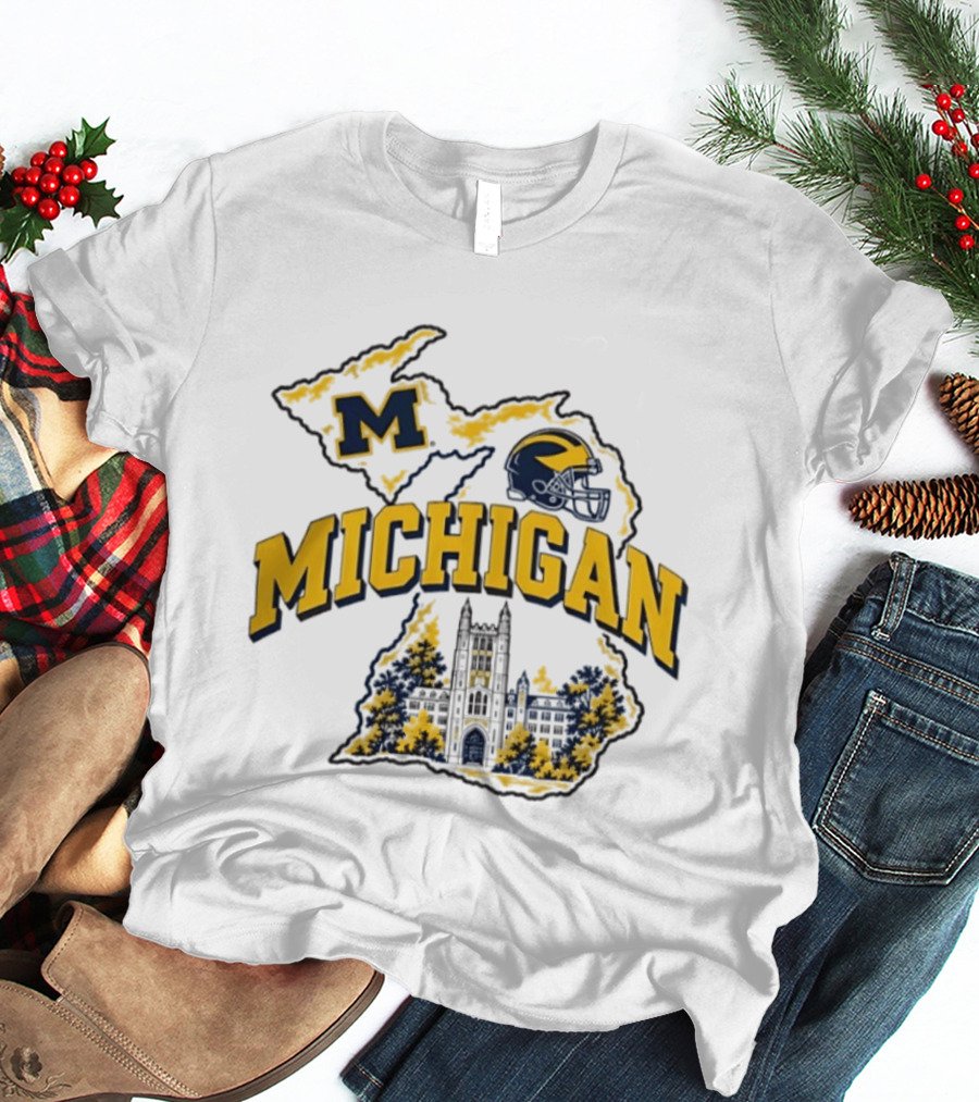 Michigan Wolverines NCAA Football Helmet Map And Building T-Shirt