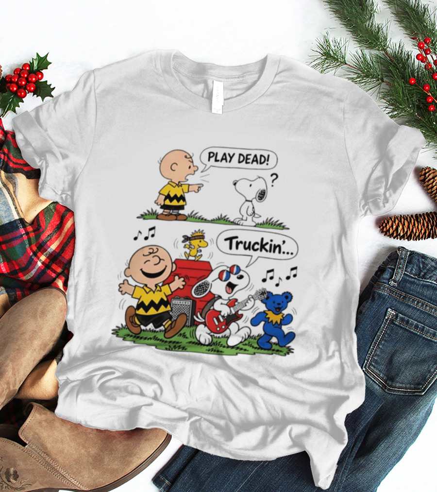 Peanuts Characters Play Dead And Truckin' With Grateful Dead Dancing Bear T-Shirt