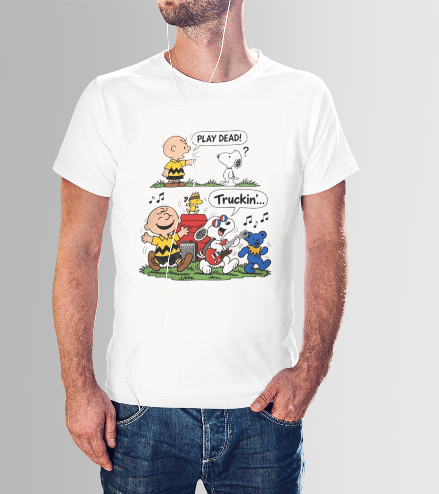 Peanuts Characters Play Dead And Truckin' With Grateful Dead Dancing Bear T-Shirt