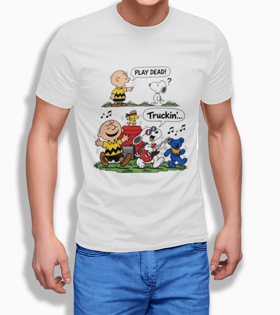 Peanuts Characters Play Dead And Truckin' With Grateful Dead Dancing Bear T-Shirt