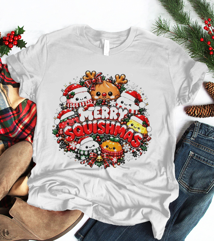 Merry Squishmas Cute Festive Characters Santa Hats Holiday Cheer Reindeer Red Green Berries T-Shirt