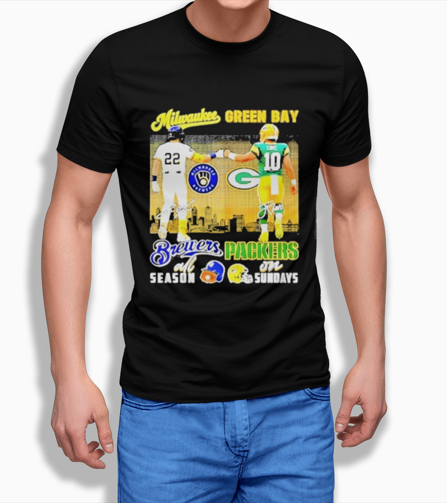 Milwaukee Brewers Green Bay Packers All Season Sundays Players Signatures T-Shirt