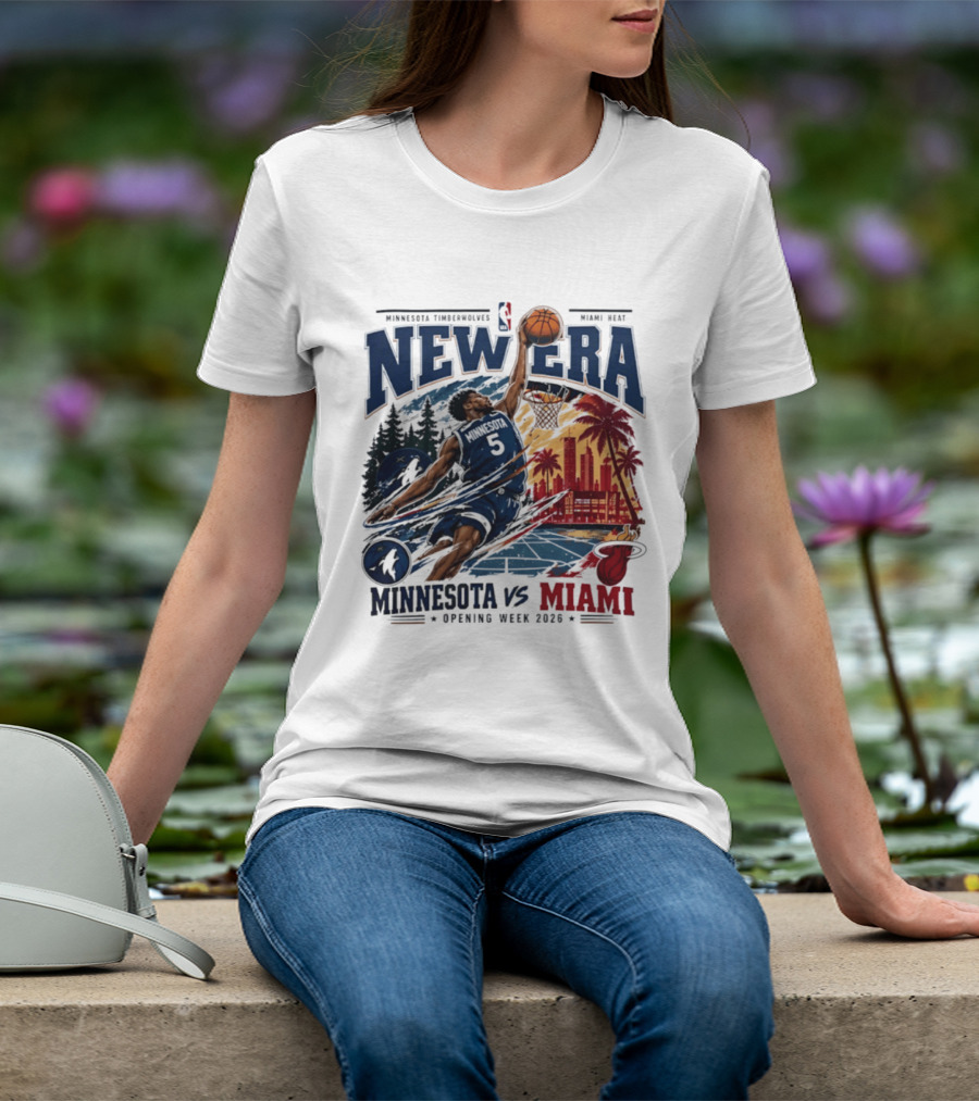 Minnesota Timberwolves Vs Miami Heat Anthony Edwards 5 New Era Opening Week 2026 T-Shirt