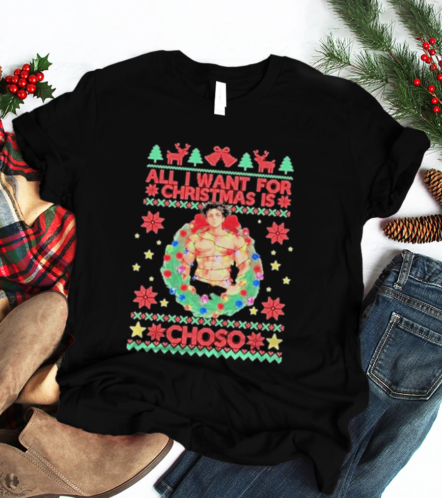 All I Want For Christmas Is Choso Anime Character Wreath Reindeer Festive T-Shirt