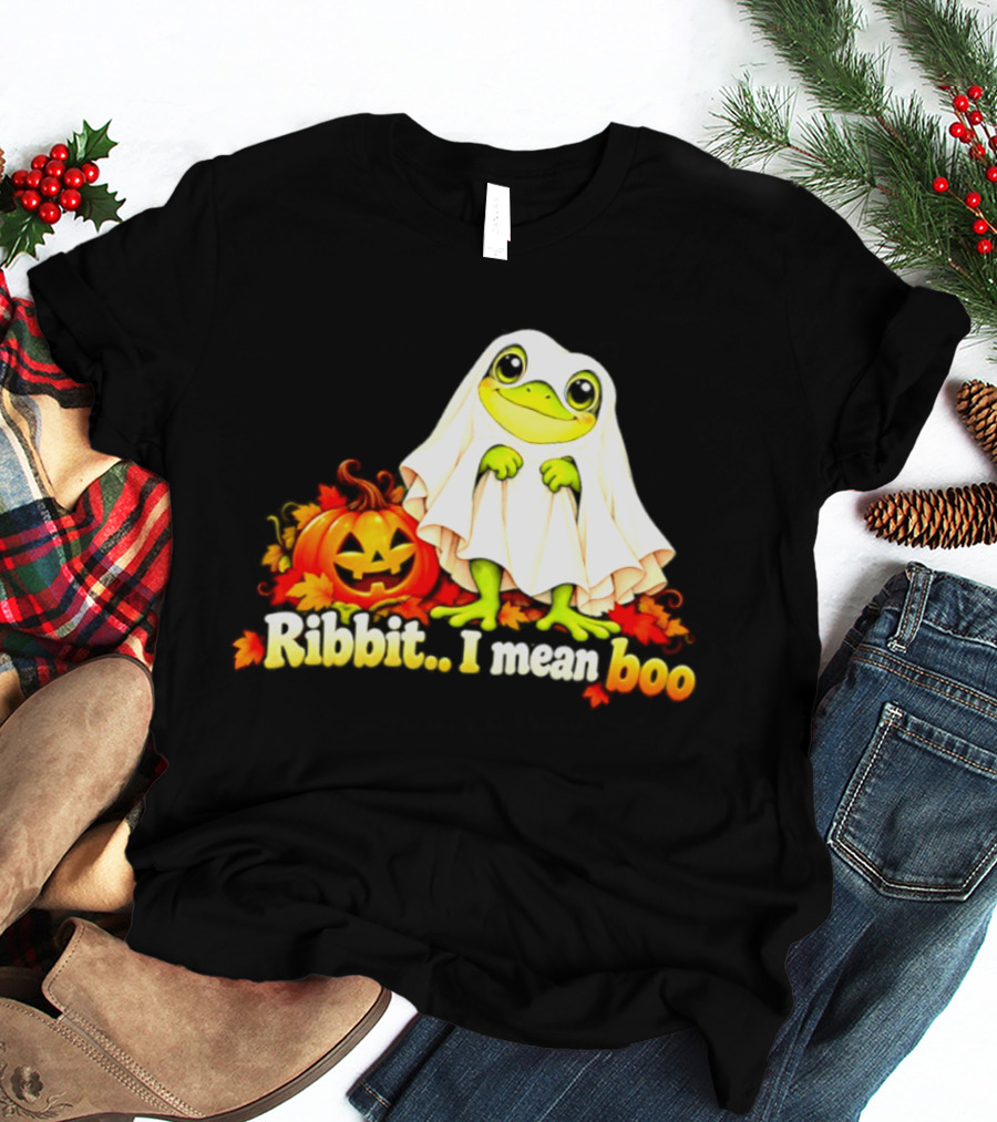 Ribbit I Mean Boo Halloween Frog In Ghost Costume With Pumpkin T-Shirt