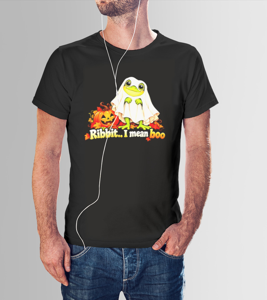 Ribbit I Mean Boo Halloween Frog In Ghost Costume With Pumpkin T-Shirt
