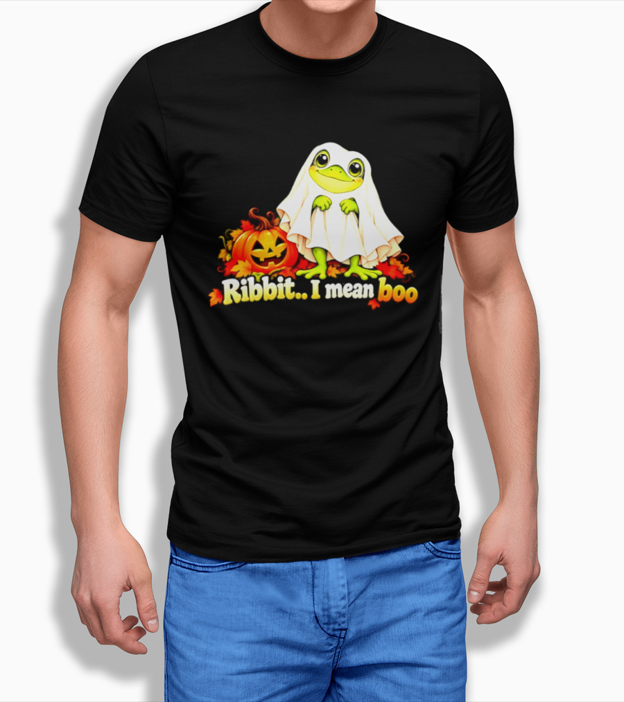Ribbit I Mean Boo Halloween Frog In Ghost Costume With Pumpkin T-Shirt
