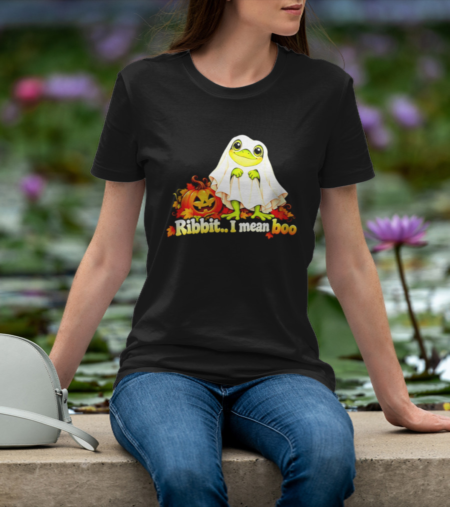 Ribbit I Mean Boo Halloween Frog In Ghost Costume With Pumpkin T-Shirt