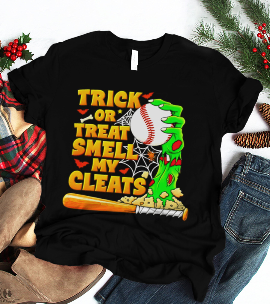 Trick Or Treat Smell My Cleats Zombie Hand Baseball Bat Halloween T-Shirt