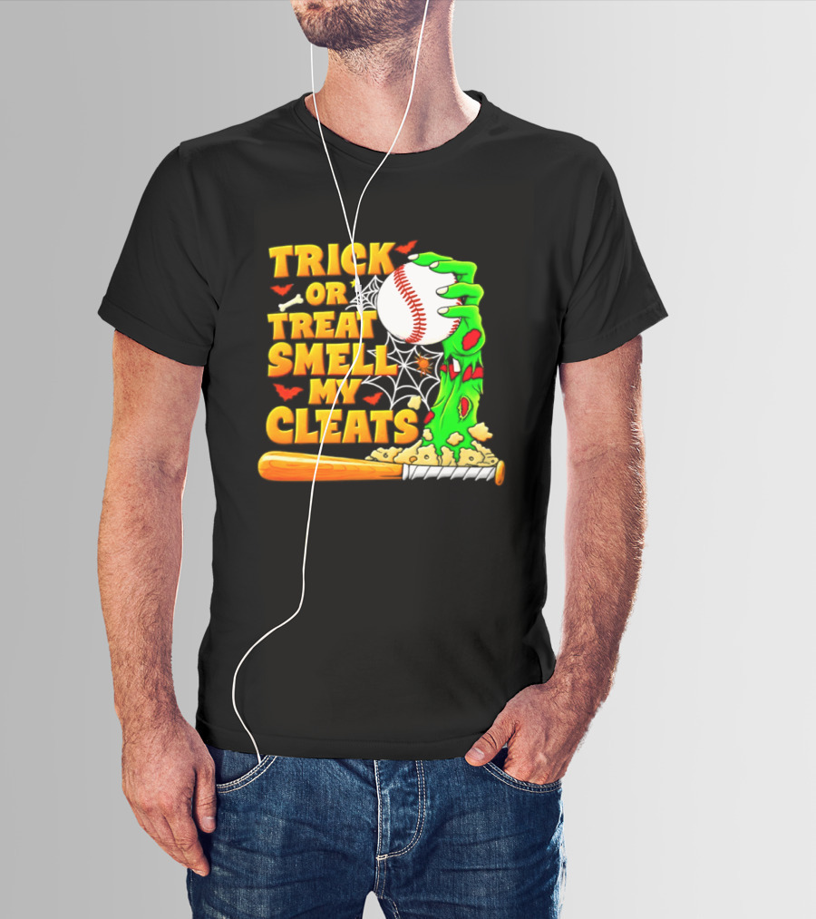 Trick Or Treat Smell My Cleats Zombie Hand Baseball Bat Halloween T-Shirt