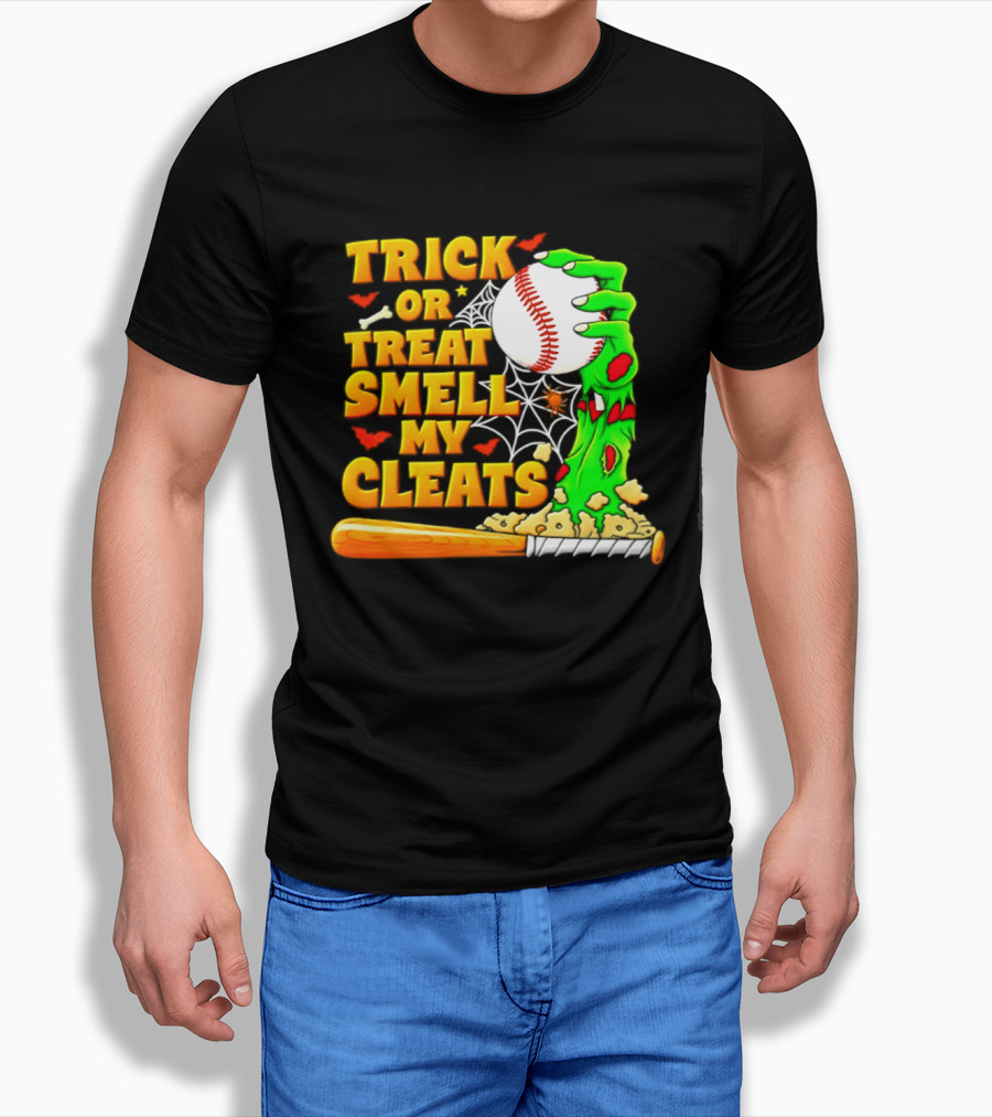 Trick Or Treat Smell My Cleats Zombie Hand Baseball Bat Halloween T-Shirt