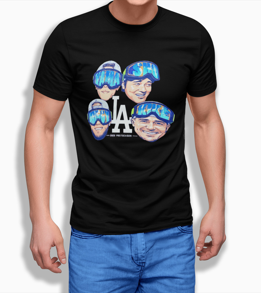 Los Angeles Dodgers 2026 Postseason Big Head LA Goggles MAMA SMILE MIKE T-Shirt