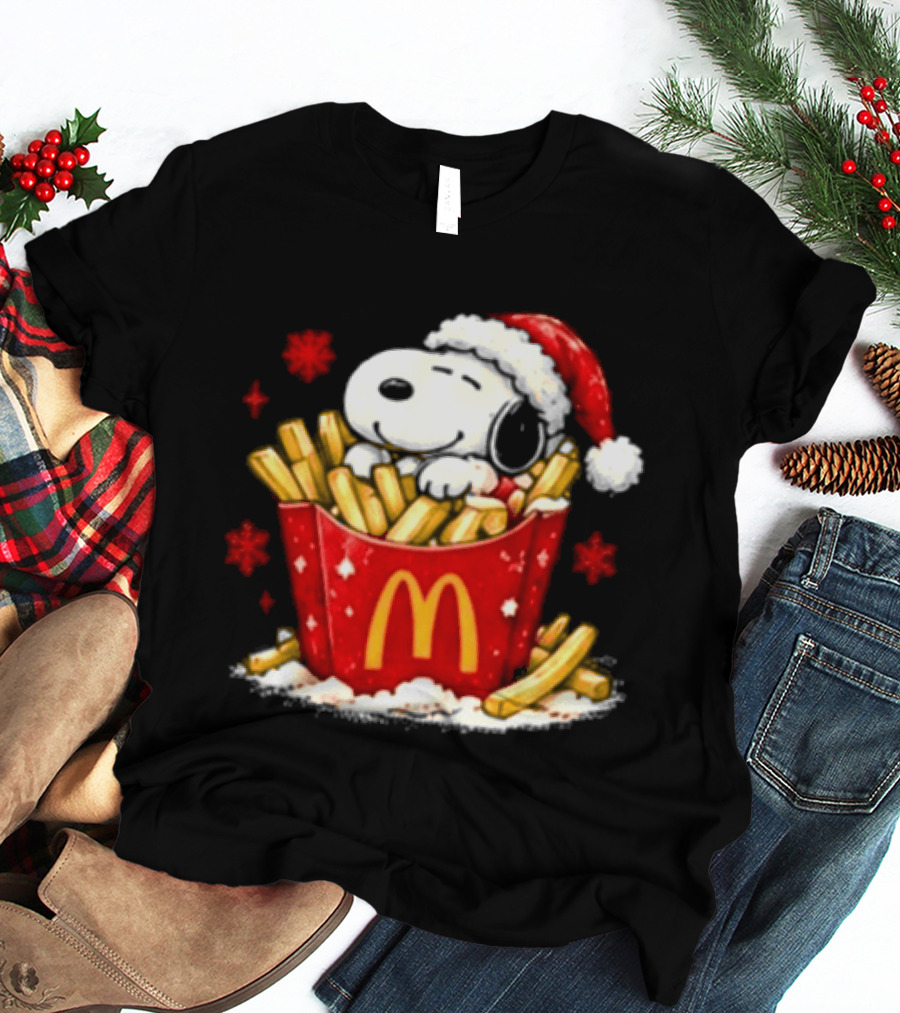 McDonalds Holiday Snoopy Christmas Fries Santa Hat Festive Fast Food Wishes T-Shirt