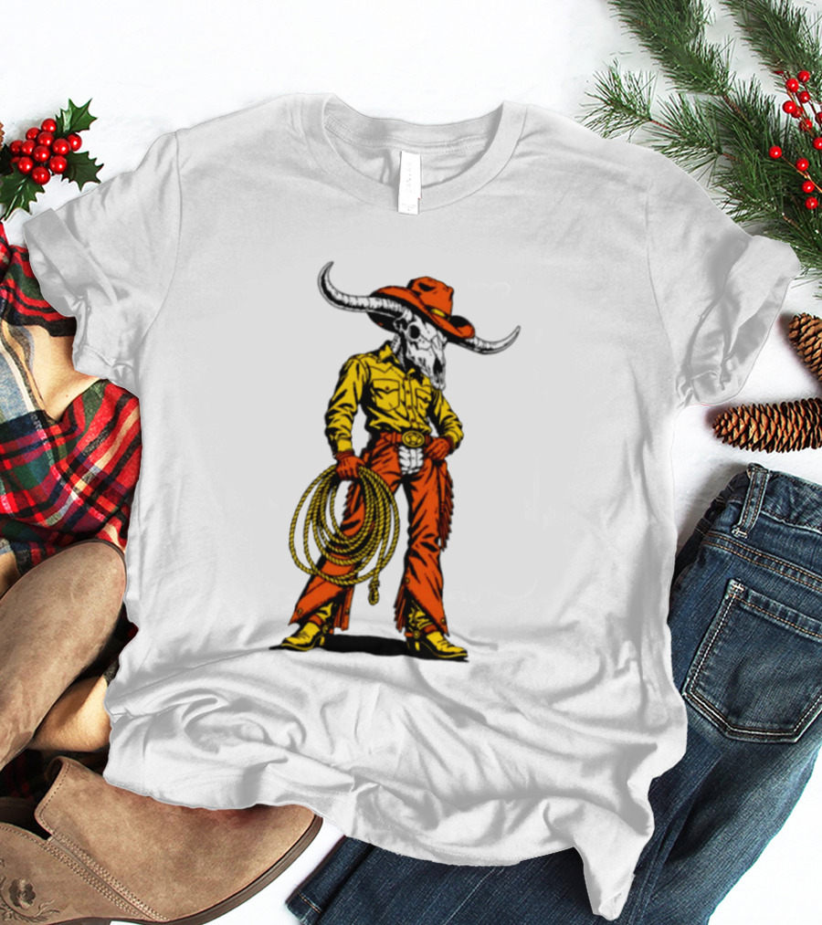 Cowboy Bull Skull With Roping Lasso Western Rodeo Skeleton T-Shirt