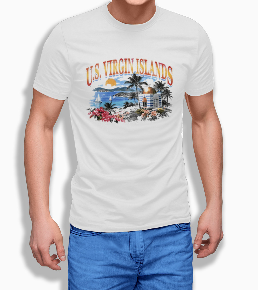 U.S. Virgin Islands Sunset Beach Scene With Palm Trees And Lighthouse T-Shirt