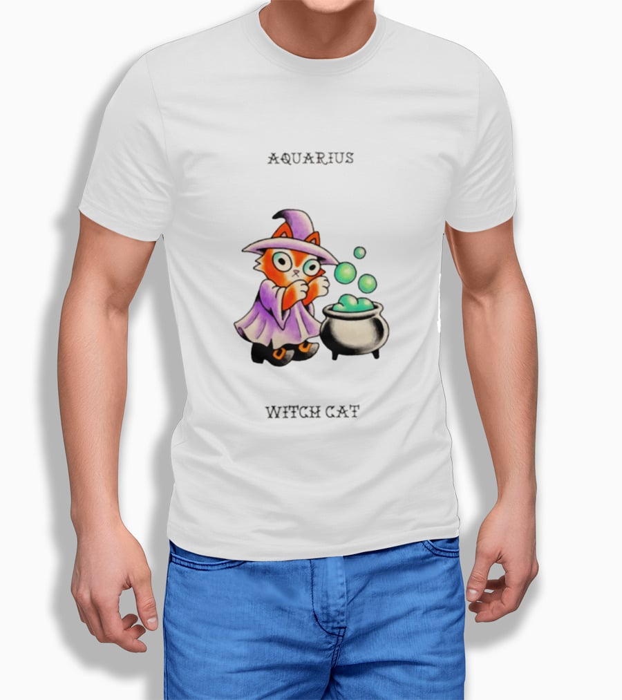 Aquarius Witch Cat Zodiac Astrology Magic Cauldron T-Shirt