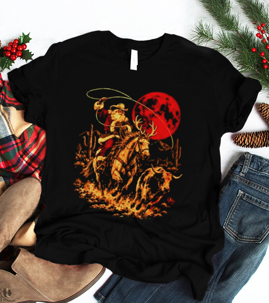 Cowboy Santa Christmas 2026 Holiday Western Rodeo Reindeer Cactus Desert Scene T-Shirt