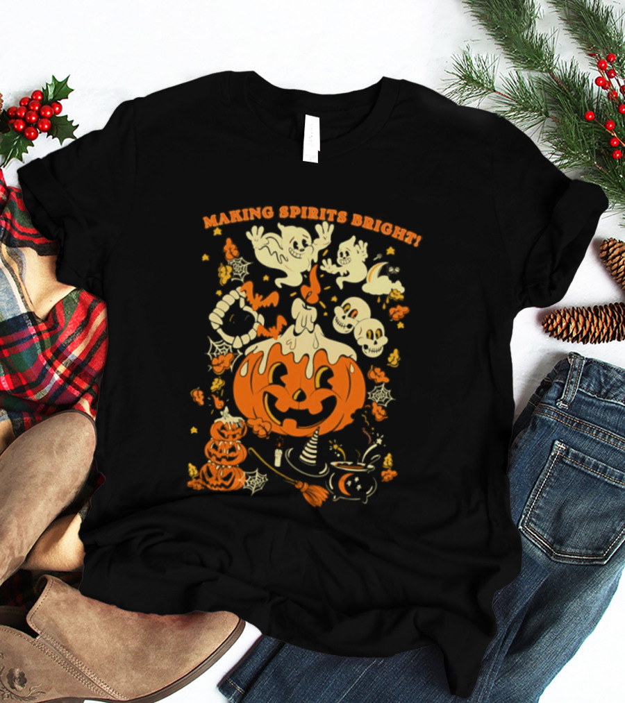 Making Spirits Bright Halloween Pumpkin Ghost Skull T-Shirt