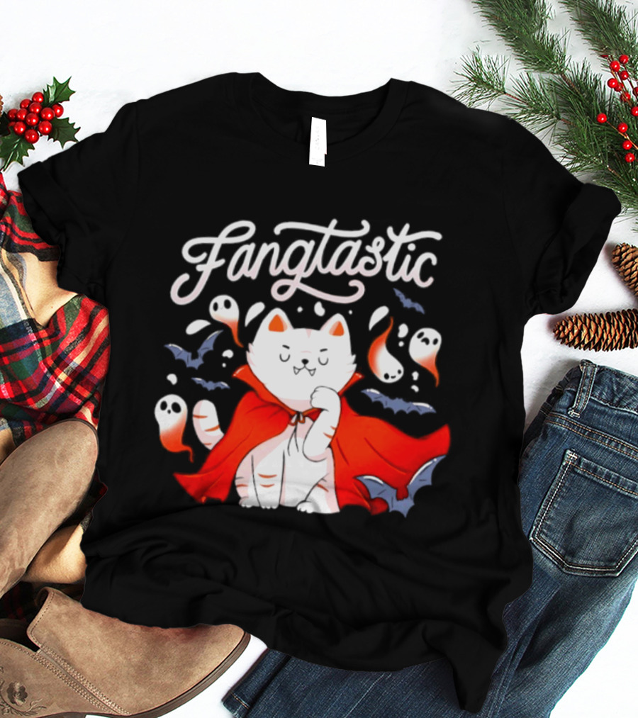 Fangtastic Vampire Cat With Ghosts And Bats Halloween 2026 T-Shirt