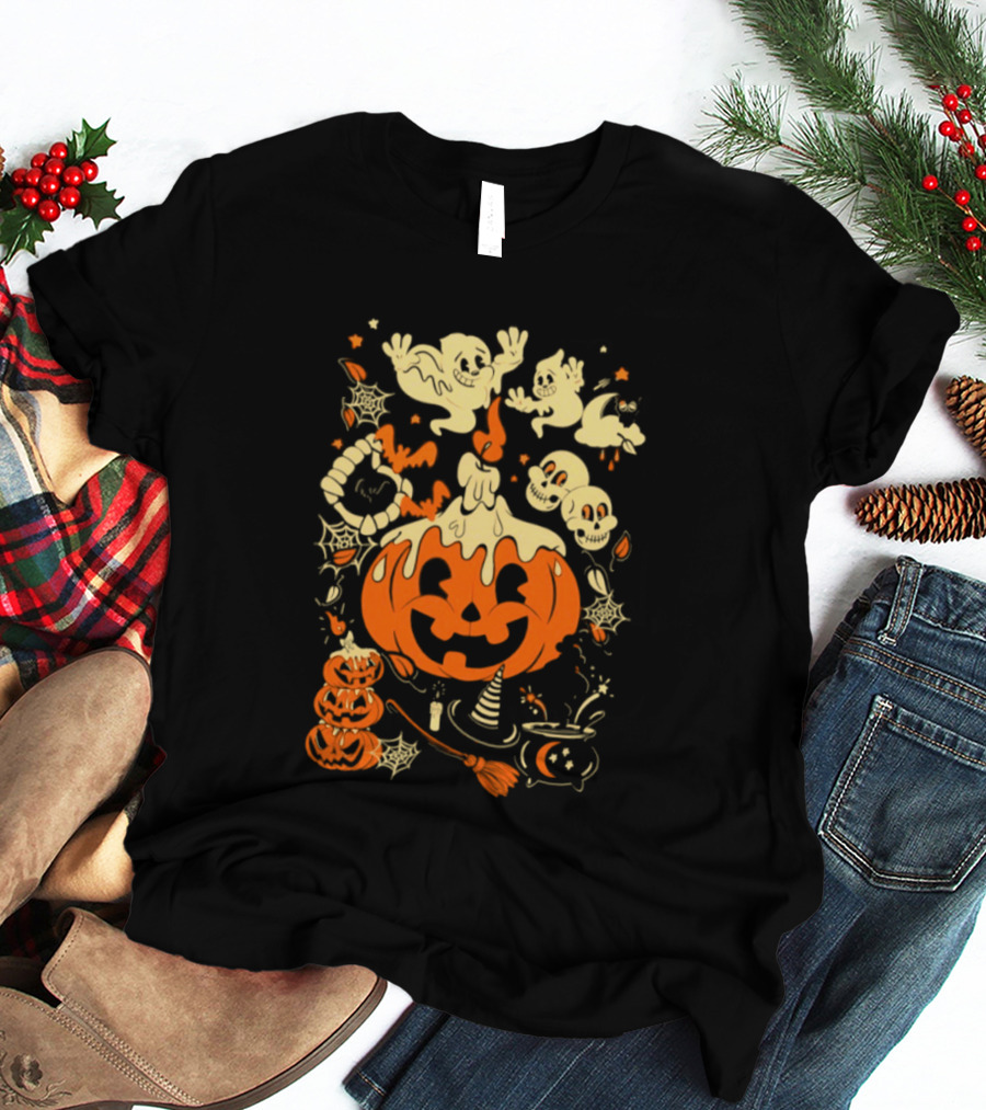 Halloween Pumpkin Ghost Skull Witch Hat Cauldron Spooky Bat T-Shirt