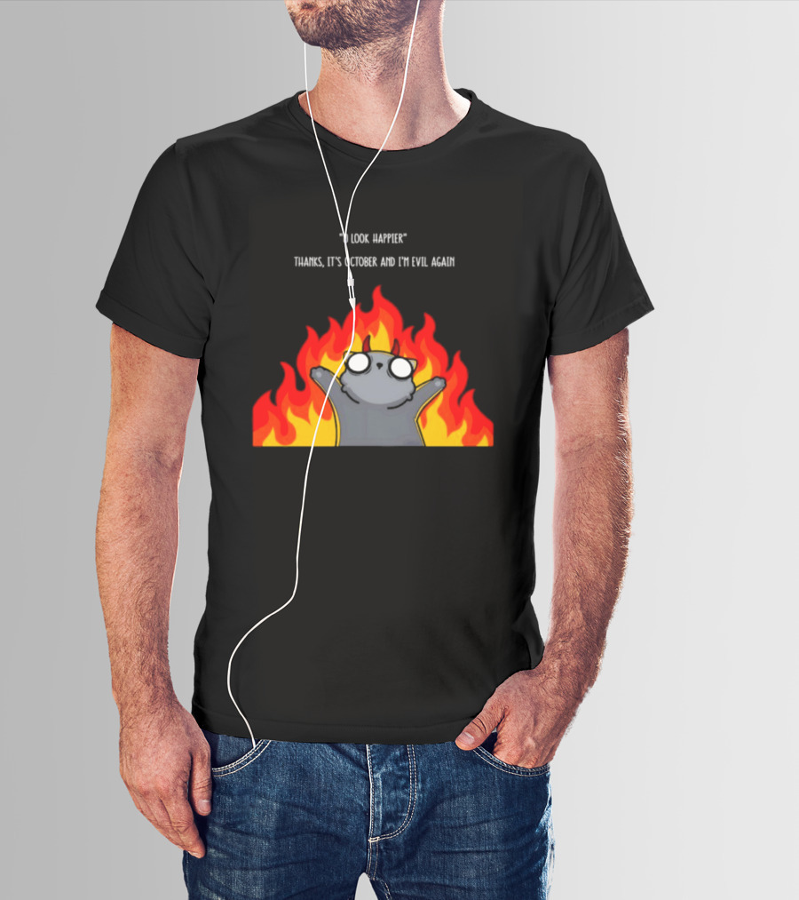 U Look Happier Thanks It Is October And I Am Evil Again Cat In Flames T-Shirt
