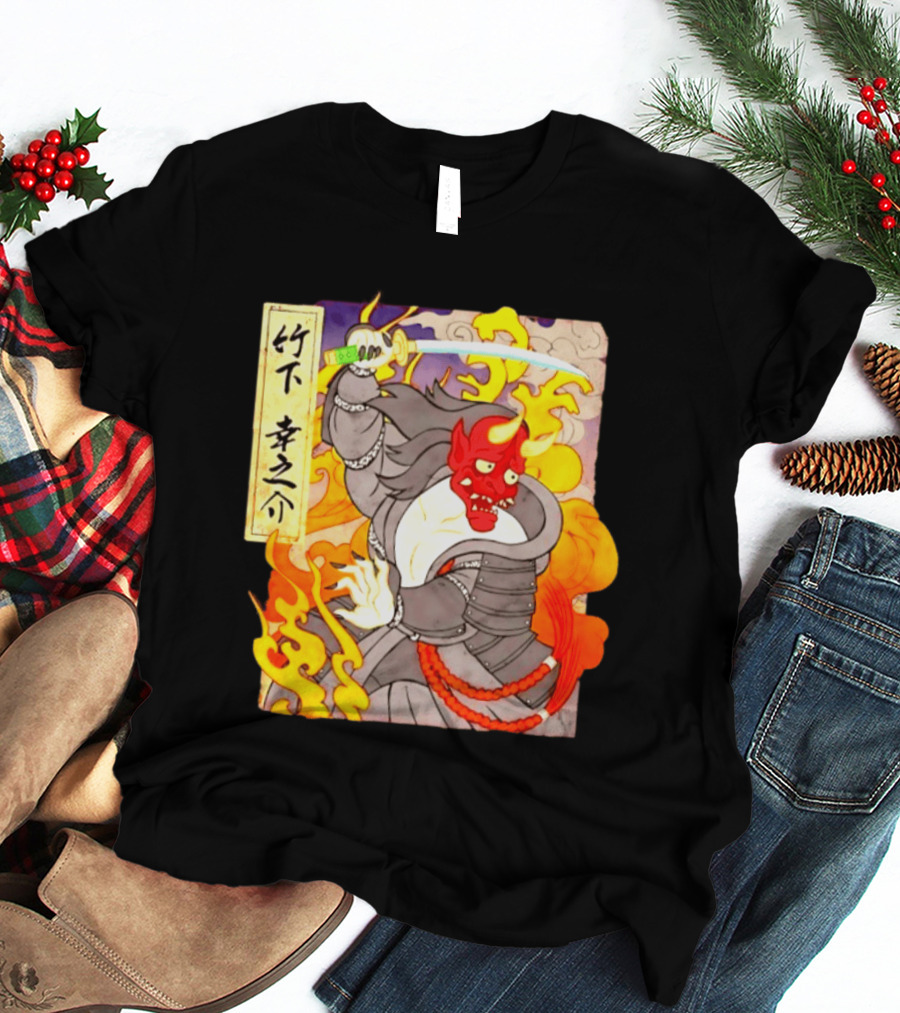 Konosuke Takeshita Demon Samurai AEW Collaboration With Japanese Inspired Flames And Sword T-Shirt