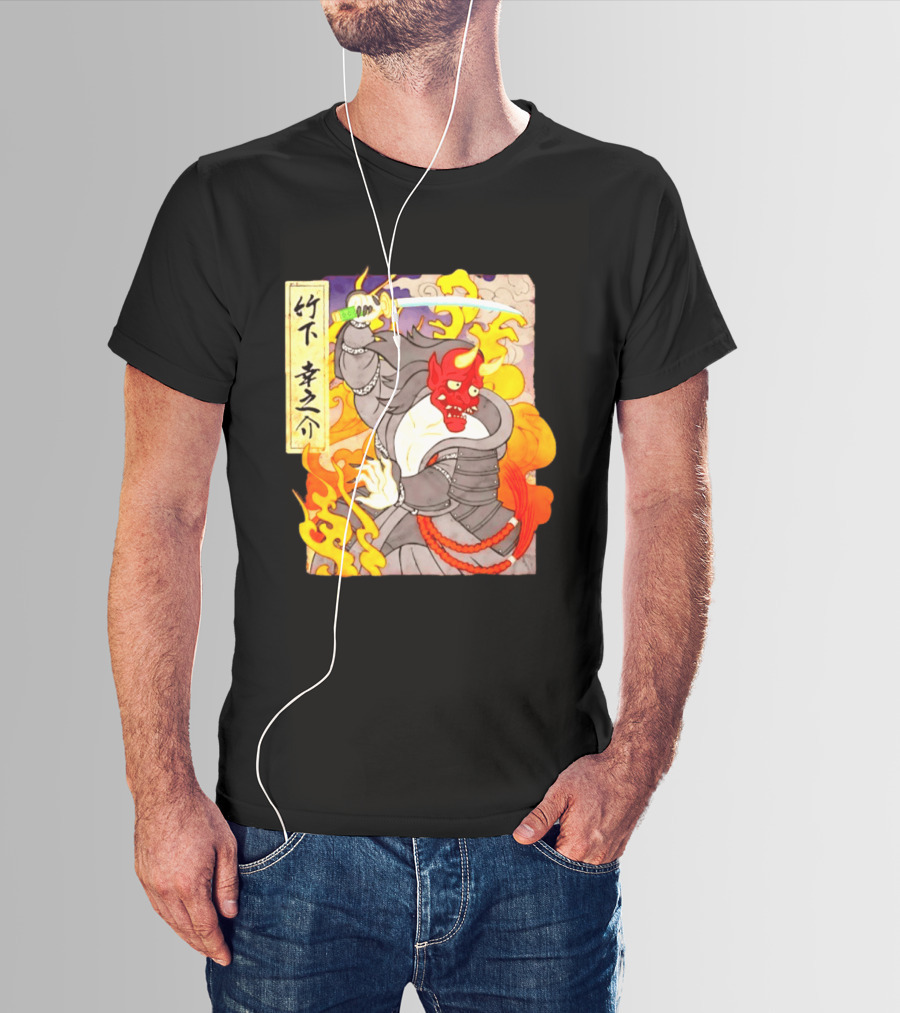 Konosuke Takeshita Demon Samurai AEW Collaboration With Japanese Inspired Flames And Sword T-Shirt