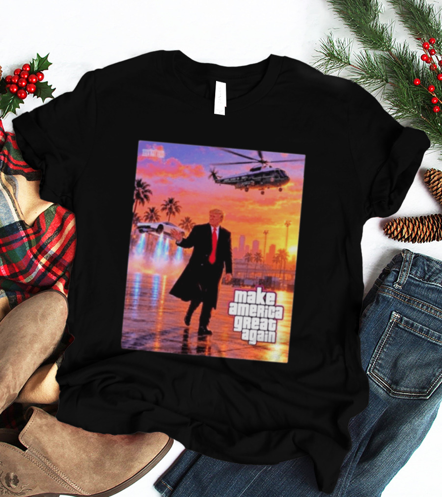 Make America Great Again Flying Cars Helicopter Sunset T-Shirt