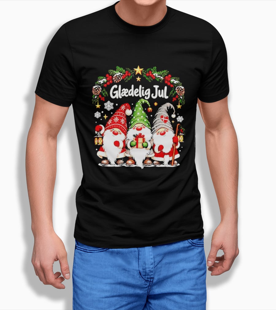 Glaedelig Jul Christmas Gnomes With Denmark Flag And Lanterns T-Shirt