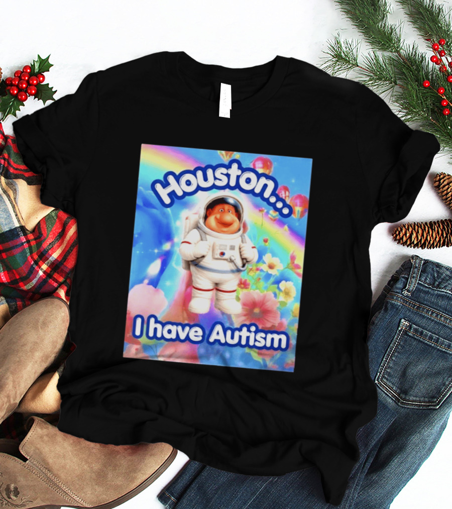 Houston I Have Autism Rainbow Astronaut Balloons And Flowers T-Shirt