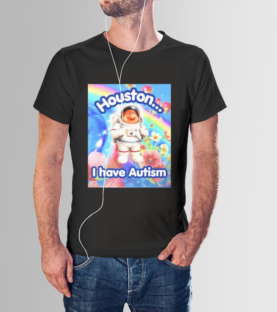 Houston I Have Autism Rainbow Astronaut Balloons And Flowers T-Shirt