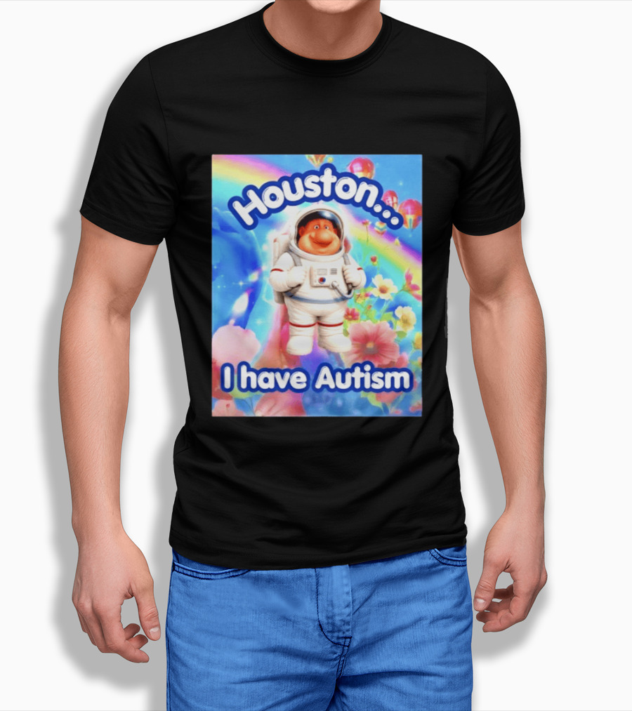 Houston I Have Autism Rainbow Astronaut Balloons And Flowers T-Shirt
