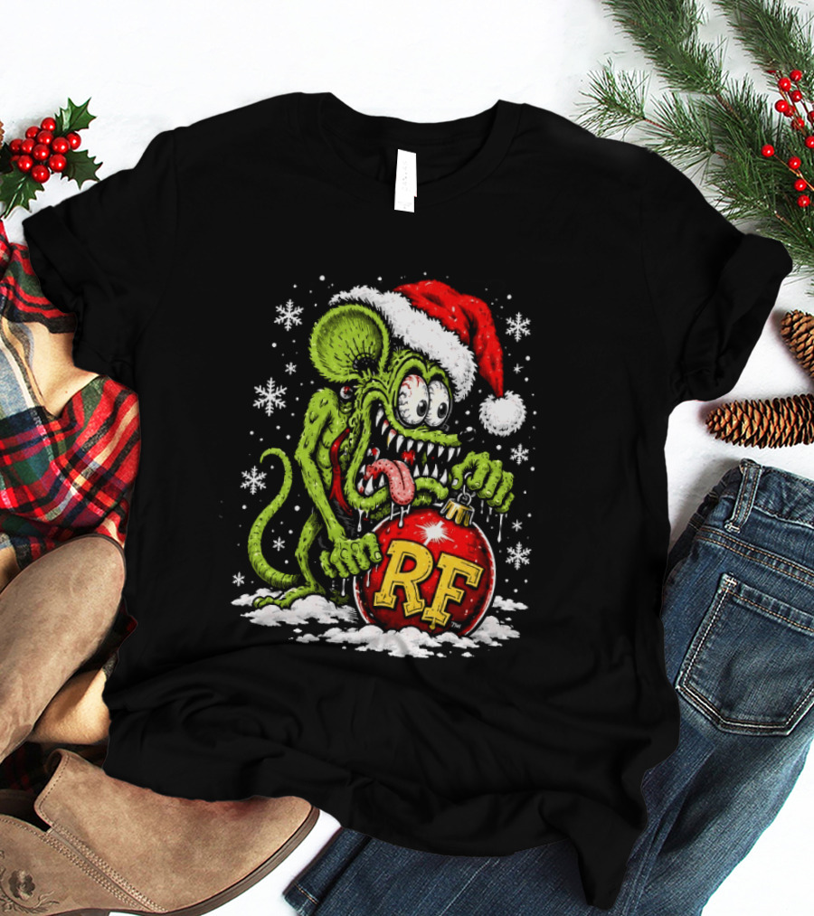 Rat Fink Weird And Wild Christmas Hot Rod RF Ornament Santa Hat Kustom Fans T-Shirt