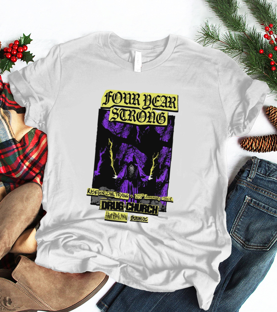 Four Year Strong Rise Or Die Trying 25th Anniversary Tour Drug Church Heart Attack Man Save Face Purple Cloaked Figure T-Shirt
