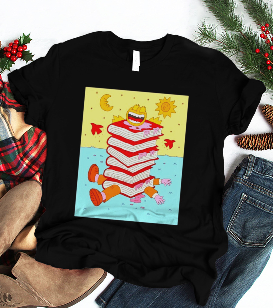 Smiling Face Moon Sun Birds Stack Of Books Reading T-Shirt
