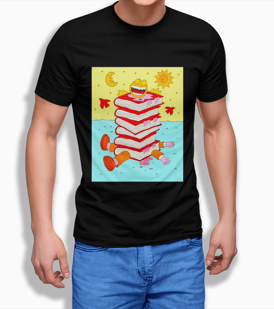 Smiling Face Moon Sun Birds Stack Of Books Reading T-Shirt