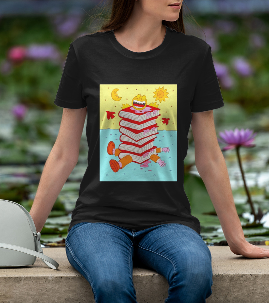 Smiling Face Moon Sun Birds Stack Of Books Reading T-Shirt