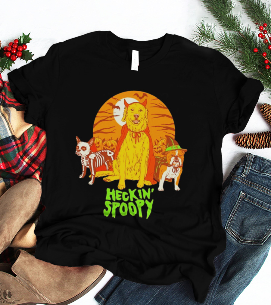 Heckin' Spoopy Dogs Halloween Golden Retriever Skeleton Costume Pumpkin Moon T-Shirt