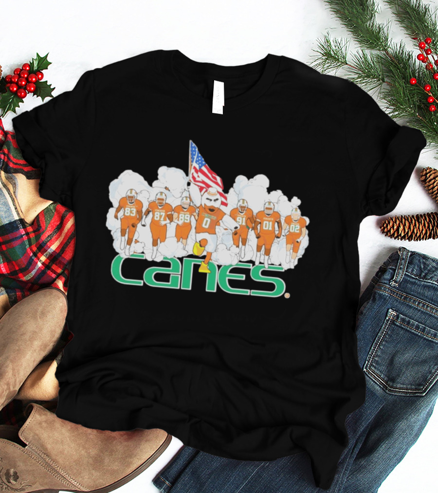 Miami Hurricanes Canes Running Through Smoke With American Flag Players 83 87 89 91 01 02 T-Shirt
