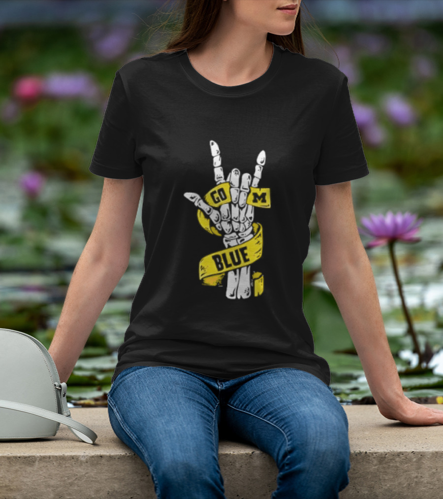 Michigan Wolverines Go Blue Skeleton Hand ILY Gesture T-Shirt