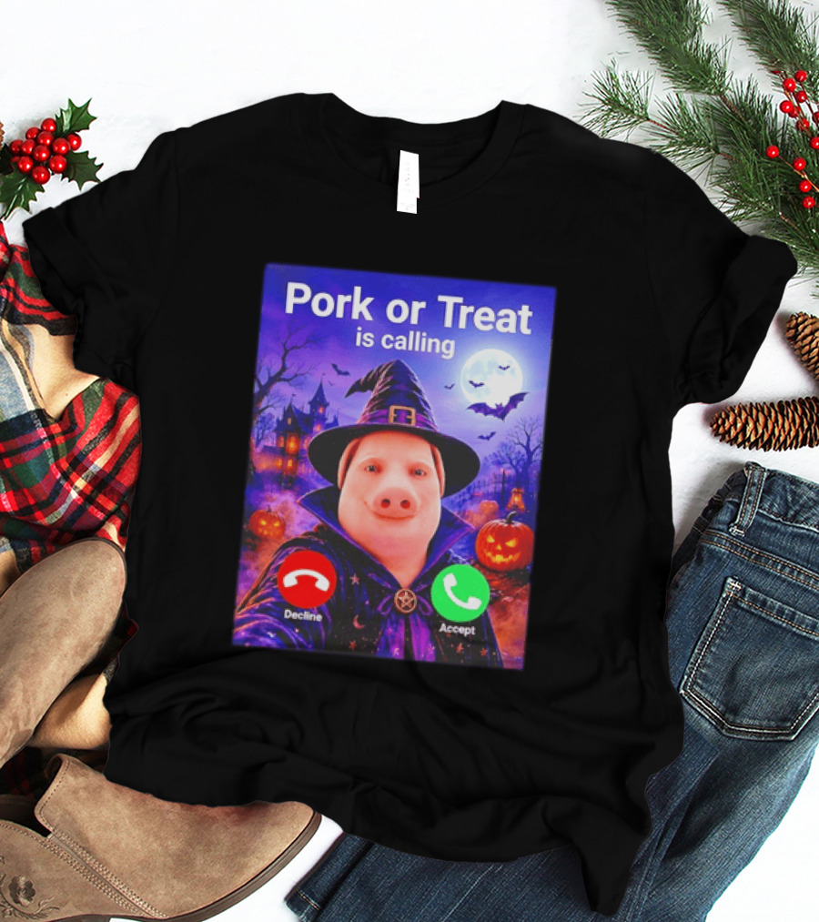 Pork Or Treat Is Calling Halloween Witch Pig Costume Moon Pumpkins T-Shirt