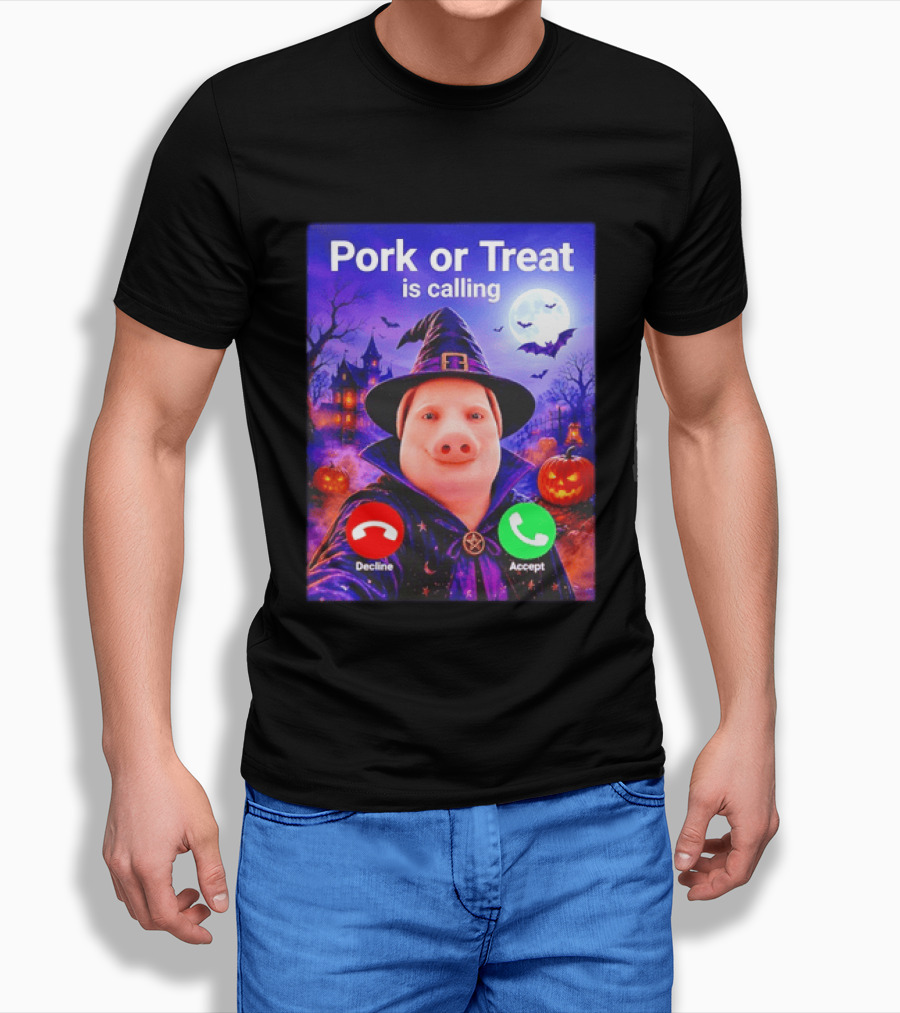 Pork Or Treat Is Calling Halloween Witch Pig Costume Moon Pumpkins T-Shirt