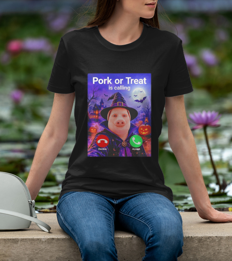 Pork Or Treat Is Calling Halloween Witch Pig Costume Moon Pumpkins T-Shirt