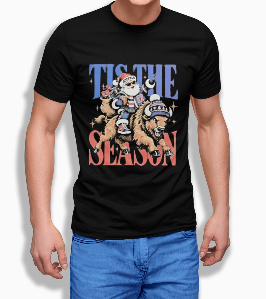 Tis The Season Santa Claus Riding Buffalo Bills No 17 Christmas T-Shirt