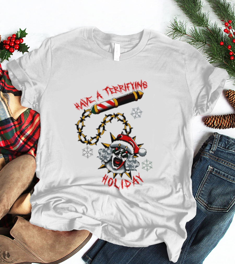 Terrifying Holiday Santa Clown With Spiked Barber Pole Chain T-Shirt