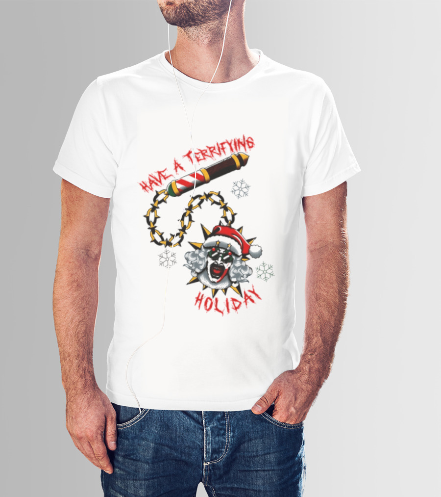 Terrifying Holiday Santa Clown With Spiked Barber Pole Chain T-Shirt