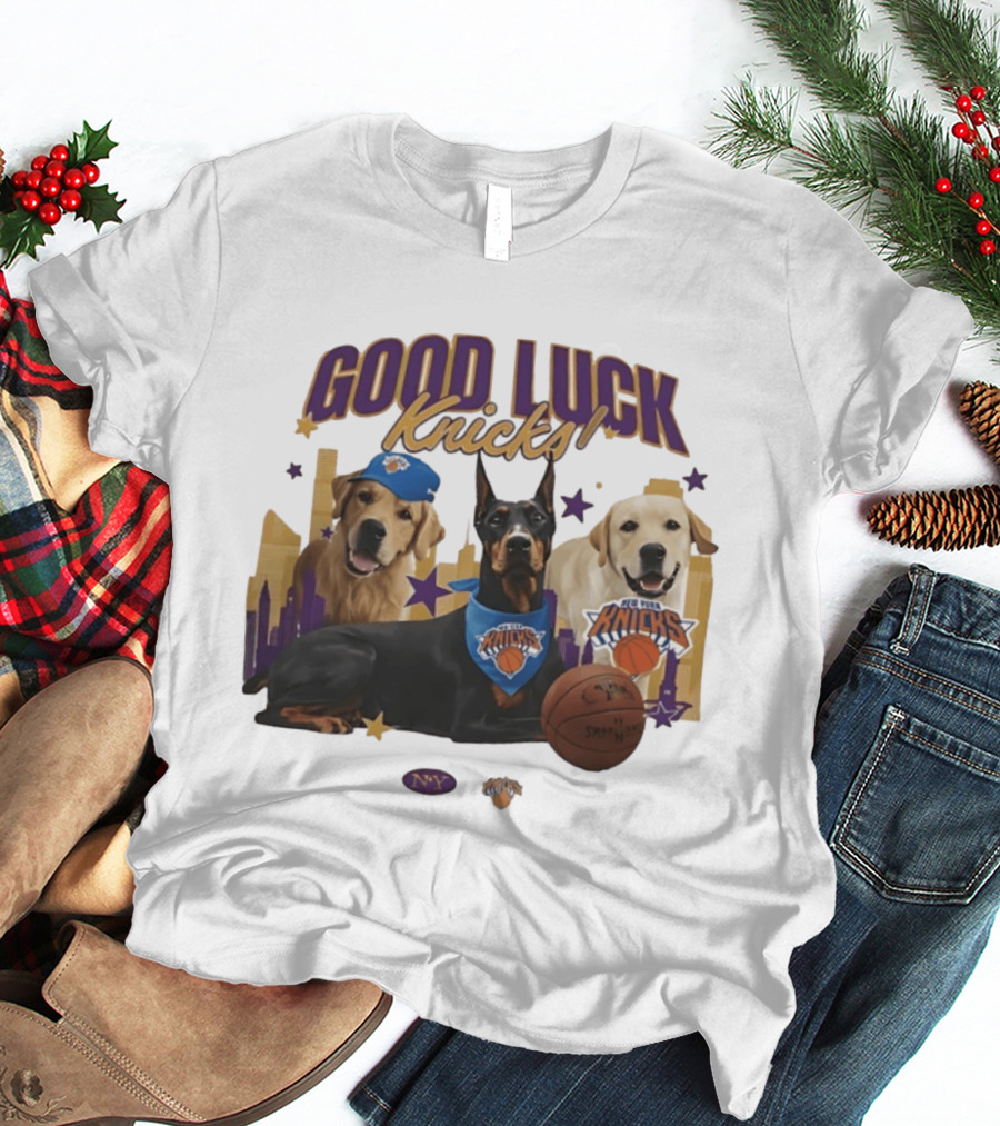 Good Luck Knicks NY Basketball Dogs With Skyline And Stars T-Shirt