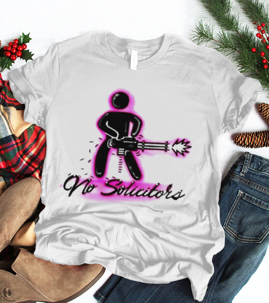 No Solicitors Stick Figure Minigun Comic T-Shirt